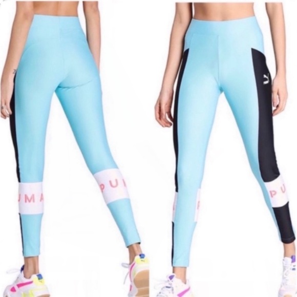 PUMA Xtg Spell Out Logo Stripe High Rise Running Leggings Tights Light Blue Sz L - Picture 9 of 9